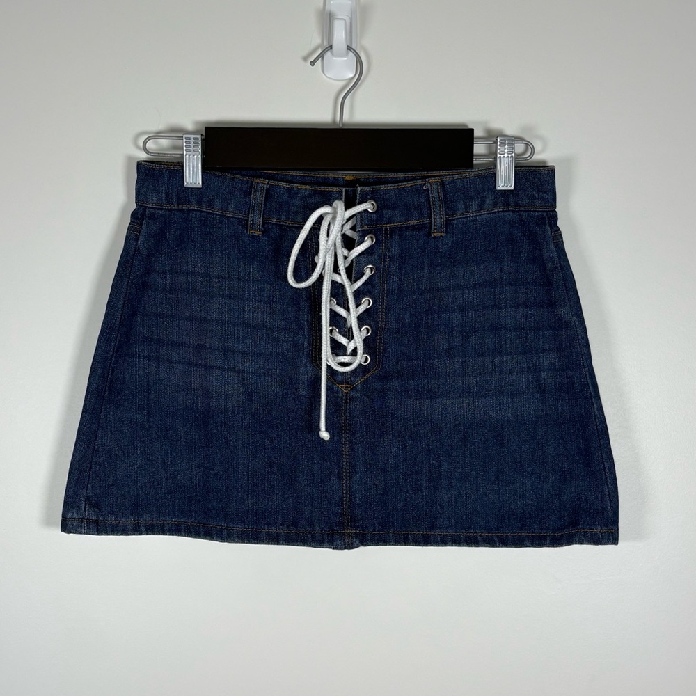 Forever 21 Women’s Blue Denim Mini Skirt w/ Front Lace-Up Tie, Size Large